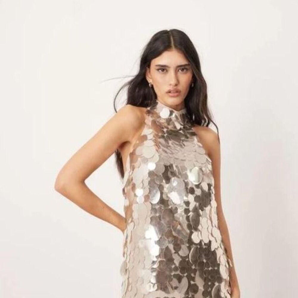 ARRANGE Silver Sequin Halter Gown